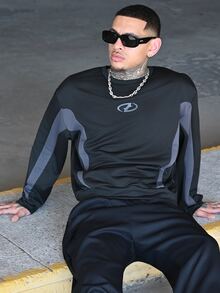 Devon Thys 男式宽松圆领长袖套头衫，秋冬 - 黑色 - 查看 6