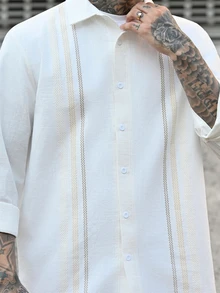 Devon Thys 男士长袖单排扣休闲衬衫 衬衫 男士白色系带衬衫 男士沙滩装 白色米色 - 白色 - 查看 6