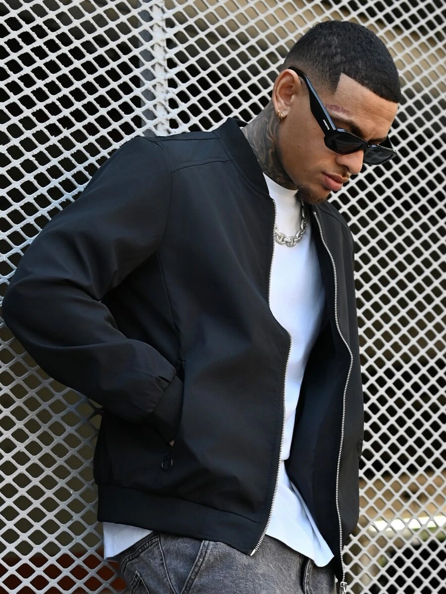 Devon Thys Men Zip Up Bomber Jacket Without Tee, Light Jacket, Plain, Husband, Long Sleeve, Work, For Fall - Black - View 1
