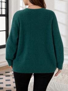SHEIN LUNE EMERY ROSE Loose Round-Neck Lantern Sleeve Harmony Drop Shoulder Knitted Sweater, Long Sleeve Tops Fall Winter, Christmas Party Vacation Dark Green - Green - View 2