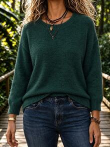 SHEIN LUNE EMERY ROSE Loose Round-Neck Lantern Sleeve Harmony Drop Shoulder Knitted Sweater, Long Sleeve Tops Fall Winter, Christmas Party Vacation Dark Green - Green - View 4