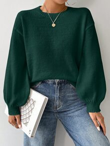 SHEIN LUNE EMERY ROSE Loose Round-Neck Lantern Sleeve Harmony Drop Shoulder Knitted Sweater, Long Sleeve Tops Fall Winter, Christmas Party Vacation Dark Green - Green - View 1