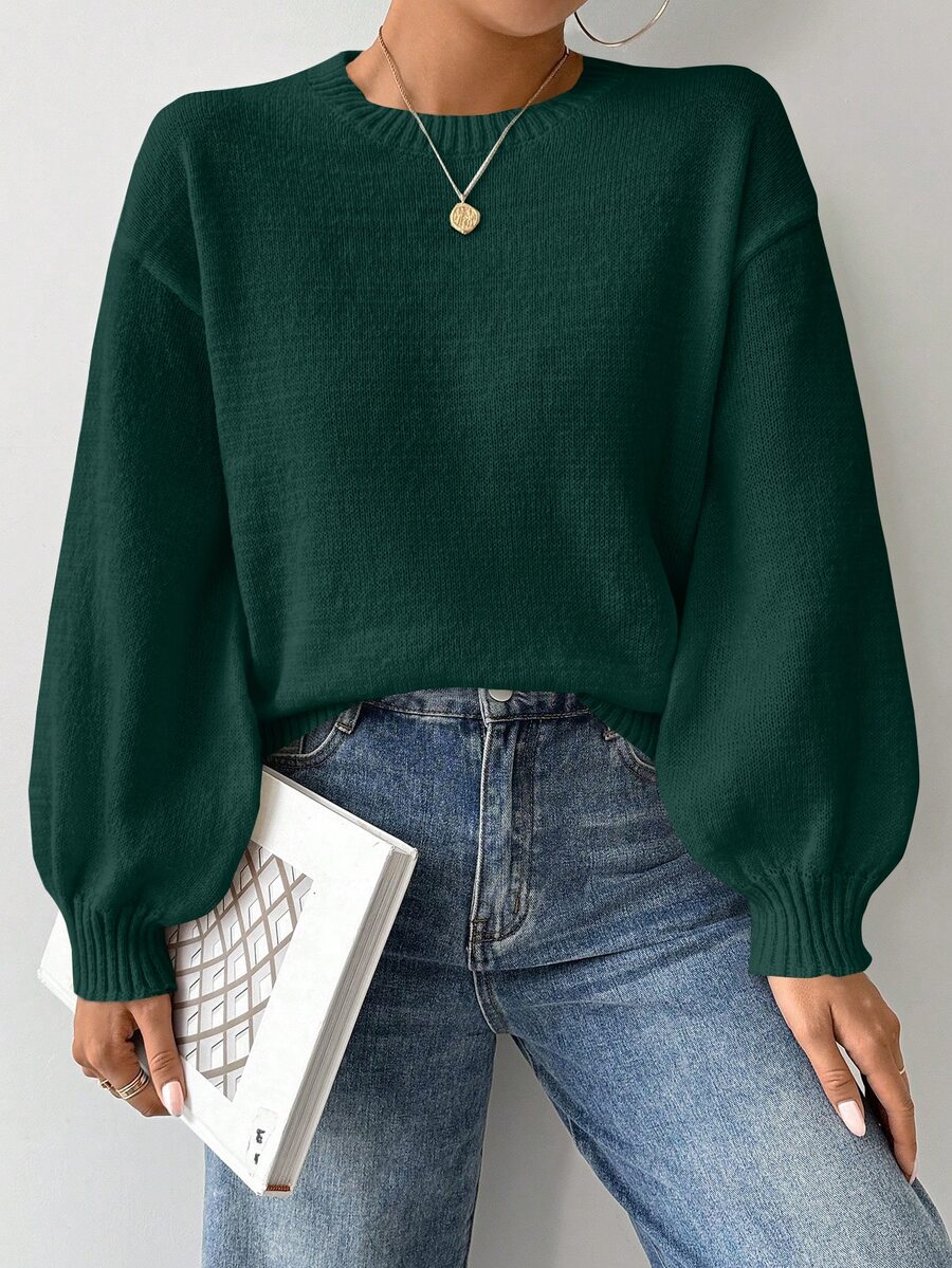 SHEIN LUNE EMERY ROSE Loose Round-Neck Lantern Sleeve Harmony Drop Shoulder Knitted Sweater, Long Sleeve Tops Fall Winter, Christmas Party Vacation Dark Green - Green - View 1