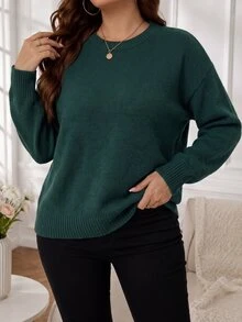 SHEIN LUNE EMERY ROSE Loose Round-Neck Lantern Sleeve Harmony Drop Shoulder Knitted Sweater, Long Sleeve Tops Fall Winter, Christmas Party Vacation Dark Green - Green - View 6