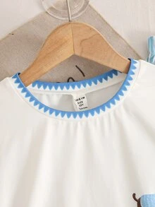 SHEIN Tween Girls Knit White T-Shirt With Cartoon Contrast Print And Short Flutter Sleeves, Striped Long Pants Casual Set For Back To School - Blue - View 9