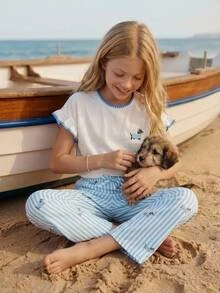 SHEIN Tween Girls Knit White T-Shirt With Cartoon Contrast Print And Short Flutter Sleeves, Striped Long Pants Casual Set For Back To School - Blue - View 1