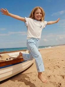 SHEIN Tween Girls Knit White T-Shirt With Cartoon Contrast Print And Short Flutter Sleeves, Striped Long Pants Casual Set For Back To School - Blue - View 2