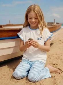 SHEIN Tween Girls Knit White T-Shirt With Cartoon Contrast Print And Short Flutter Sleeves, Striped Long Pants Casual Set For Back To School - Blue - View 3