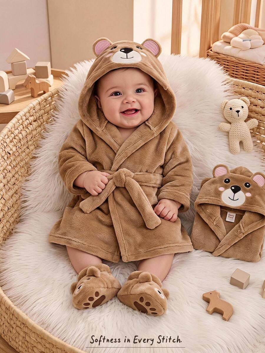 Cozy Pixies Baby Girl Baby Girl Casual Cute Cartoon Pink Bear Pattern Embroidered Hooded Open Front Comfortable Plush Loungewear Robe Autumn Winter - Khaki - View 1