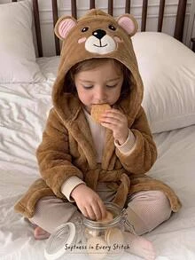 Cozy Pixies Baby Girl Baby Girl Casual Cute Cartoon Pink Bear Pattern Embroidered Hooded Open Front Comfortable Plush Loungewear Robe Autumn Winter - Khaki - View 3