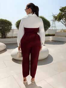 MDEdit Women's Color Block Twist Front Long Sleeve Top And Solid Color Split Wide Leg Pants Casual 2 Pieces Set - Burgundy - View 2