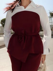 MDEdit Women's Color Block Twist Front Long Sleeve Top And Solid Color Split Wide Leg Pants Casual 2 Pieces Set - Burgundy - View 3