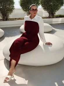 MDEdit Women's Color Block Twist Front Long Sleeve Top And Solid Color Split Wide Leg Pants Casual 2 Pieces Set - Burgundy - View 6