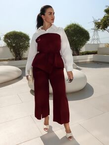 MDEdit Women's Color Block Twist Front Long Sleeve Top And Solid Color Split Wide Leg Pants Casual 2 Pieces Set - Burgundy - View 1