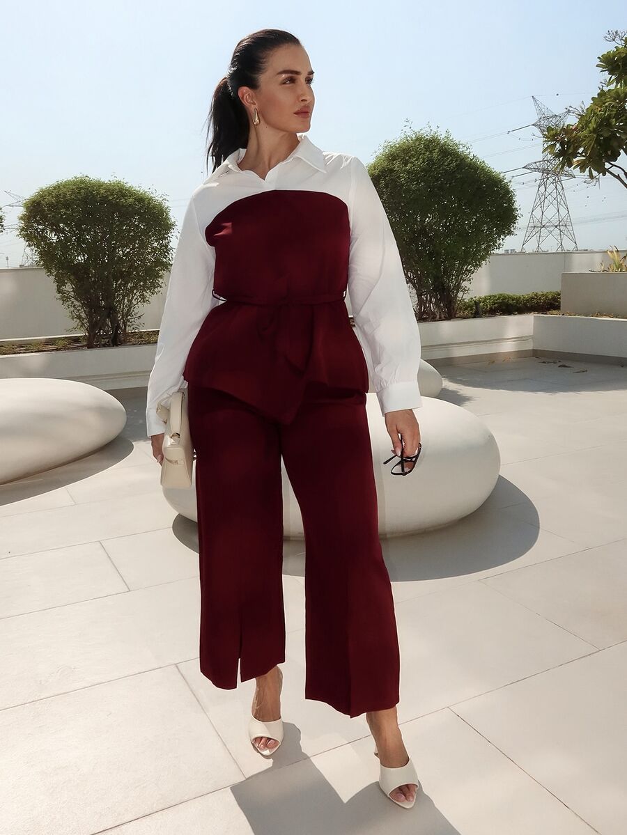 MDEdit Women's Color Block Twist Front Long Sleeve Top And Solid Color Split Wide Leg Pants Casual 2 Pieces Set - Burgundy - View 1