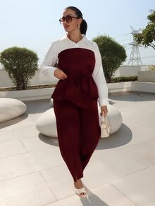 MDEdit Women's Color Block Twist Front Long Sleeve Top And Solid Color Split Wide Leg Pants Casual 2 Pieces Set - Burgundy - View 5