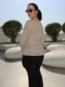 MDEdit Women's Casual Solid Color Basic T-Shirt, Spring Long Sleeve - Khaki - View 4