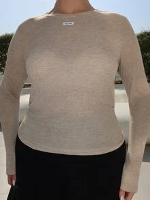 MDEdit Women's Casual Solid Color Basic T-Shirt, Spring Long Sleeve - Khaki - View 3