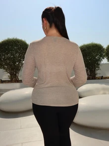MDEdit Women's Casual Solid Color Basic T-Shirt, Spring Long Sleeve - Khaki - View 2