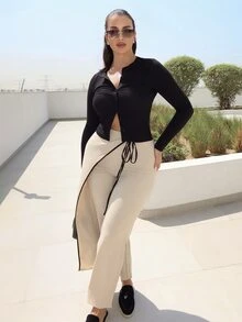 MDEdit Fitted Button Through Longsleeve Crewneck Pointelle Cardigan Top Only Spring Cute Daily Lounge Essential Summer Holiday Casual Office Elegant - Black - View 3