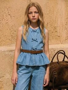 Joliand 2pcs Tween Girls Sleeveless Shirt With Bow Button And Elongated Pants Denim Set,Sleeveless Shirt With Bow Button And Elongated Pants Denim Two Pieces,Suitable For Spring And Summer Wear, Elegant And Holiday Wear,Spring Break Summer Beach Vacation Wear,Summer Short,White Short,Girls Cute Spring Summer Two Pieces - Light Wash - View 4