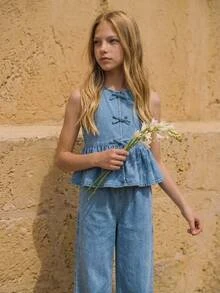 Joliand 2pcs Tween Girls Sleeveless Shirt With Bow Button And Elongated Pants Denim Set,Sleeveless Shirt With Bow Button And Elongated Pants Denim Two Pieces,Suitable For Spring And Summer Wear, Elegant And Holiday Wear,Spring Break Summer Beach Vacation Wear,Summer Short,White Short,Girls Cute Spring Summer Two Pieces - Light Wash - View 3