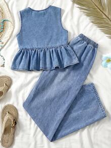 Joliand 2pcs Tween Girls Sleeveless Shirt With Bow Button And Elongated Pants Denim Set,Sleeveless Shirt With Bow Button And Elongated Pants Denim Two Pieces,Suitable For Spring And Summer Wear, Elegant And Holiday Wear,Spring Break Summer Beach Vacation Wear,Summer Short,White Short,Girls Cute Spring Summer Two Pieces - Light Wash - View 8