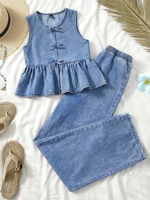 Joliand 2pcs Tween Girls Sleeveless Shirt With Bow Button And Elongated Pants Denim Set,Sleeveless Shirt With Bow Button And Elongated Pants Denim Two Pieces,Suitable For Spring And Summer Wear, Elegant And Holiday Wear,Spring Break Summer Beach Vacation Wear,Summer Short,White Short,Girls Cute Spring Summer Two Pieces - Light Wash - View 5