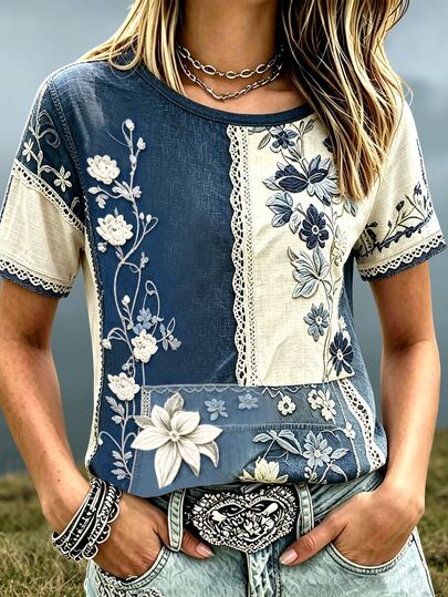 Bytebia Bytebia Women's Floral Print Crew Neck Short-Sleeved T-Shirt, Suitable For All Seasons And Various Holiday Occasions.