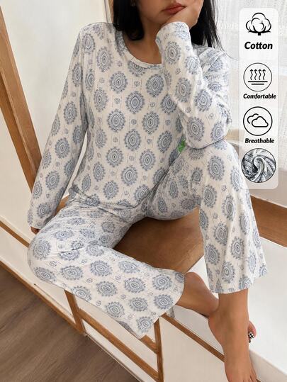 SHEIN Women Grey Ornamental Medallion Print Crew Neck Long Sleeve Soft Cotton Top And Matching Pants Casual Relaxed Fit 2 Pieces Pajama Set