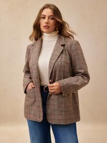 EMERY ROSE Blazer Kotak-kotak Kasual Prancis Ukuran Besar dengan Saku dan Dekorasi Kancing Penuh - MultiWarna - View 4
