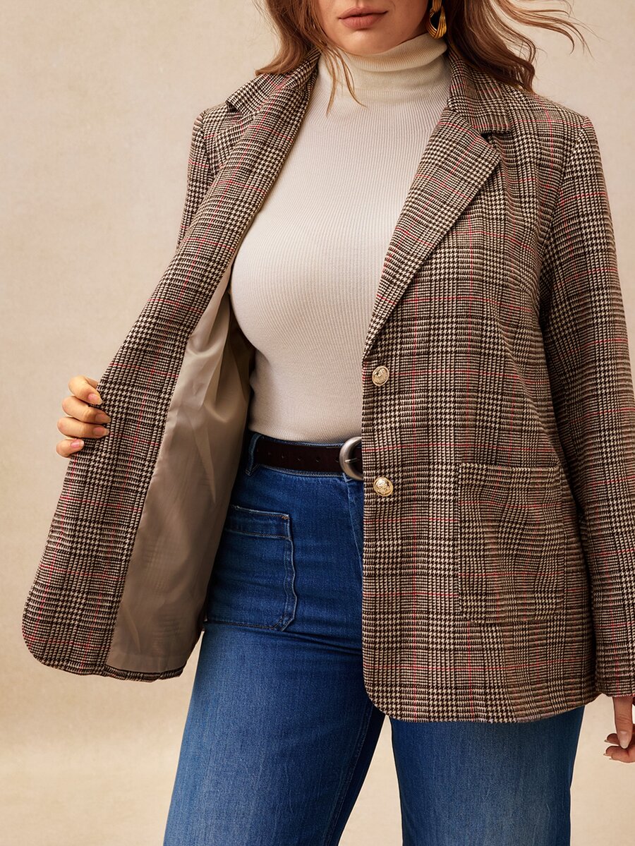 EMERY ROSE Blazer Kotak-kotak Kasual Prancis Ukuran Besar dengan Saku dan Dekorasi Kancing Penuh - MultiWarna - View 1