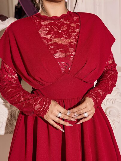 Galadore Women's Plus Size Sexy Burgundy Lace Long Sleeve Sheer Dress, Burgundy Lace Trim Neckline, Solid Burgundy Textured Knit Fabric A-Line Short Dress, Suitable For Spring/Autumn Elegant Party Dress, Women's Evening Party Dress, Women's Formal Dress, Women's Sexy Dress, Women's Graduation Dress, Luxury Cocktail Dress