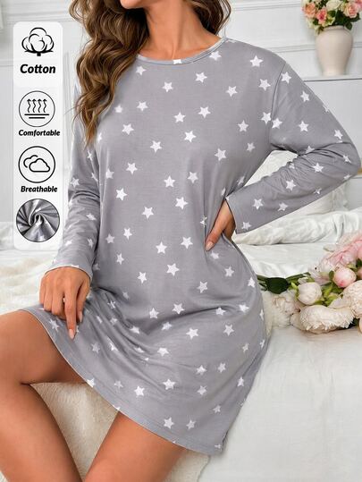 SHEIN Women Grey Star Print Crew Neck Long Sleeve Soft Cotton Casual Relaxed Fit Loose Sleep Dress Nightgown For Home Lounge & Sleepwear
