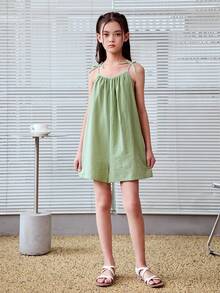 Joliand Joliand Tween Girl Casual Woven Solid Color Jumpsuit With Spaghetti Straps, Spring/Summer - Green - View 5