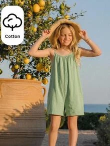 Joliand Joliand Tween Girl Casual Woven Solid Color Jumpsuit With Spaghetti Straps, Spring/Summer - Green - View 1