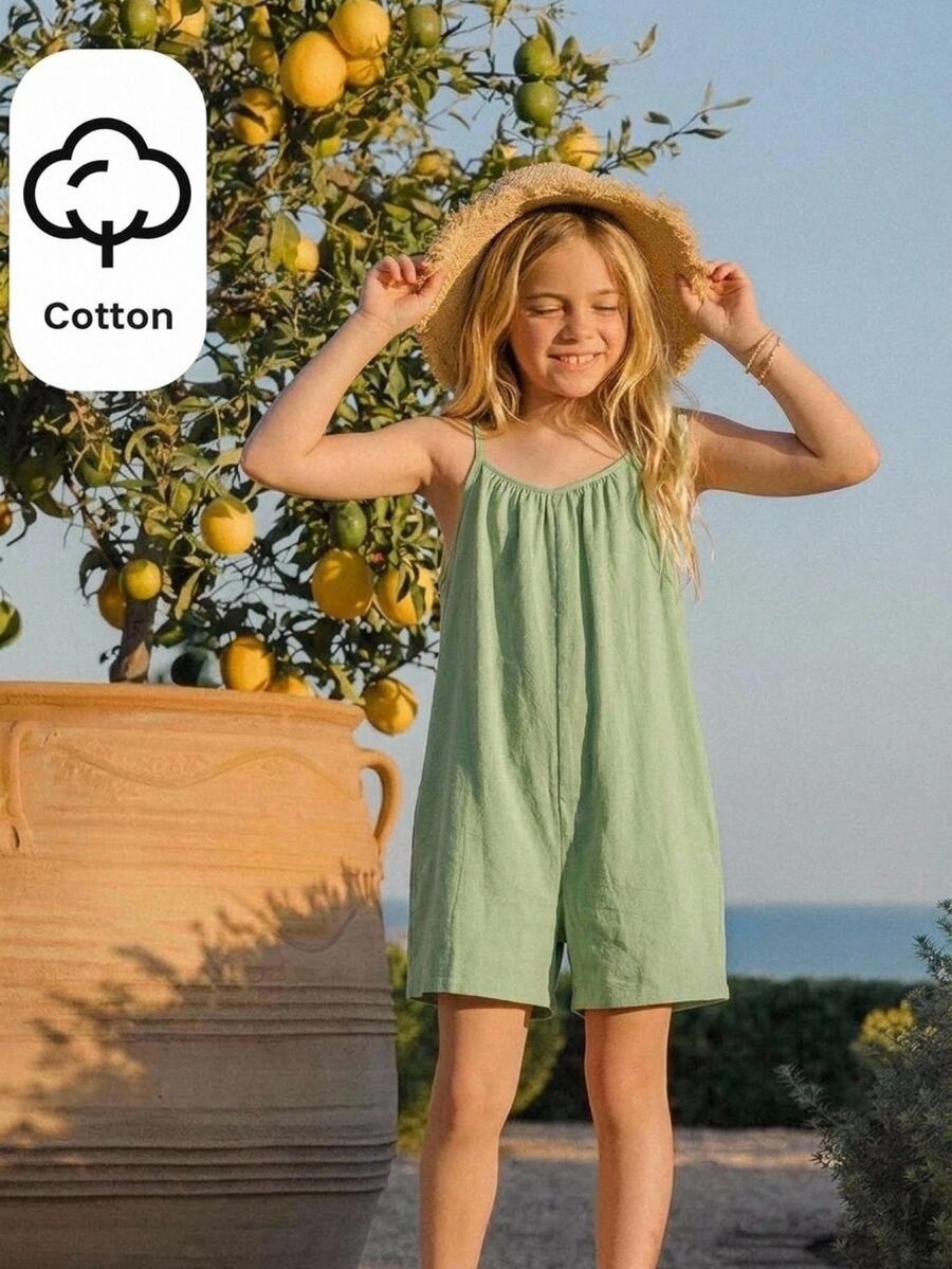 Joliand Joliand Tween Girl Casual Woven Solid Color Jumpsuit With Spaghetti Straps, Spring/Summer - Green - View 1