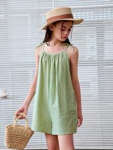 Joliand Joliand Tween Girl Casual Woven Solid Color Jumpsuit With Spaghetti Straps, Spring/Summer - Green - View 6