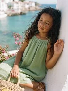 Joliand Joliand Tween Girl Casual Woven Solid Color Jumpsuit With Spaghetti Straps, Spring/Summer - Green - View 2