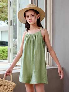 Joliand Joliand Tween Girl Casual Woven Solid Color Jumpsuit With Spaghetti Straps, Spring/Summer - Green - View 4