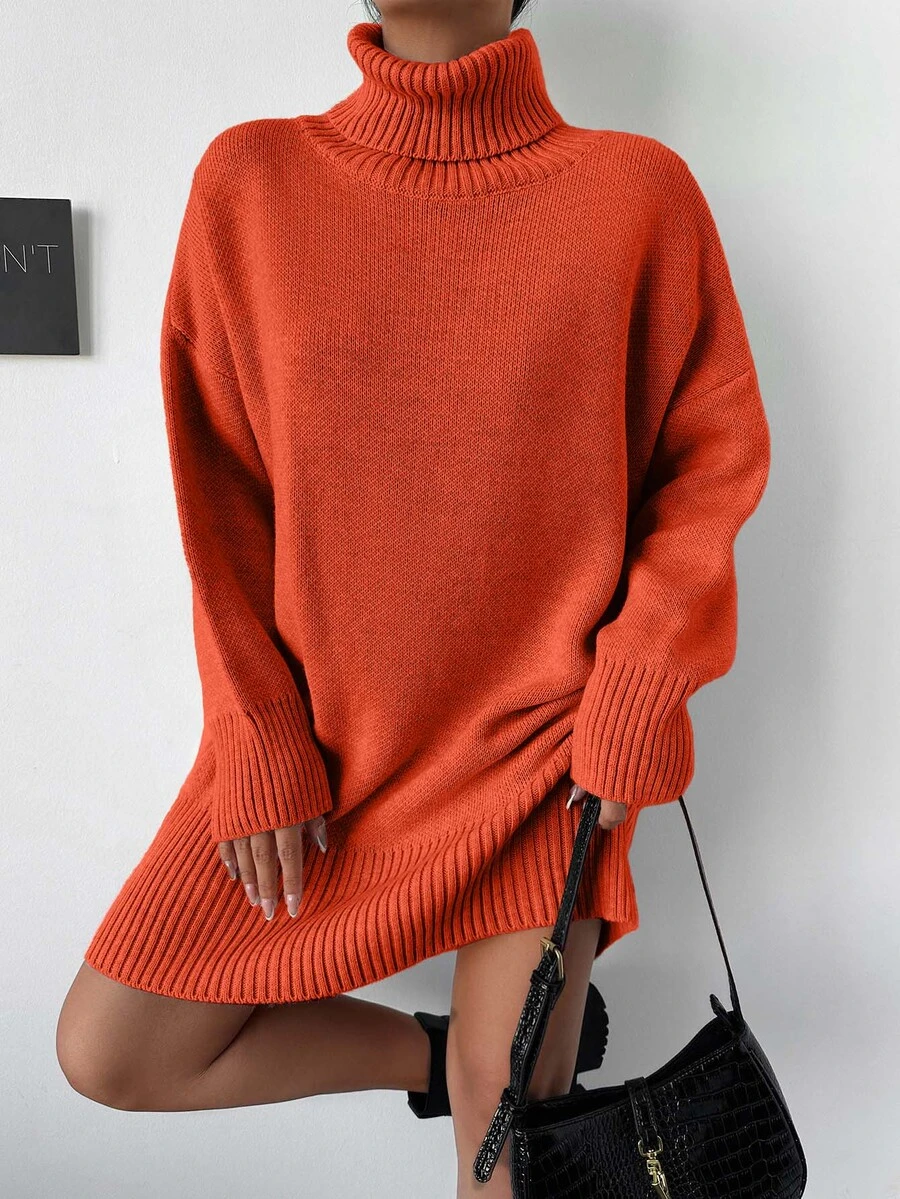 EURMUSE Women's Casual Solid Color Turtleneck Knit Dress, Autumn/Winter - Orange - View 1