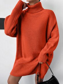 EURMUSE Women's Casual Solid Color Turtleneck Knit Dress, Autumn/Winter - Orange - View 5