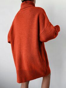 EURMUSE Women's Casual Solid Color Turtleneck Knit Dress, Autumn/Winter - Orange - View 2