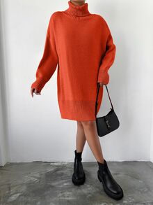 EURMUSE Women's Casual Solid Color Turtleneck Knit Dress, Autumn/Winter - Orange - View 4