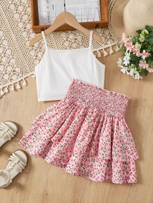 Joliand Joliand 2pcs Tween Girls White Summer Tropical Vacation Holiday Outfit,Fitted Ditsy Floral Ruffle Hem Camisole & Mini Skirt Set,Cute Youth Kid Spring Clothes - Multicolor - View 7