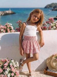 Joliand Joliand 2pcs Tween Girls White Summer Tropical Vacation Holiday Outfit,Fitted Ditsy Floral Ruffle Hem Camisole & Mini Skirt Set,Cute Youth Kid Spring Clothes - Multicolor - View 2