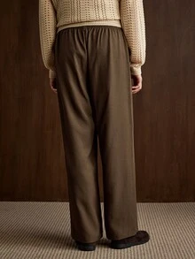 Manfinity Homme 男士休閒正裝老錢風百搭純色棕色長褲，適合外出、正式晚宴、Ins風魅力派對，S號 - 咖啡棕 - 查看 2