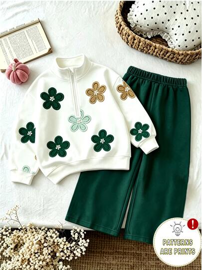 Baby Girl 2pcs Set Casual Fashion Spring Autumn Winter Girls Stand Collar Sweatshirt & Wide Leg Sweatpants Outfit, Sweet Floral Pattern, Soft Fabric, Fashion Wide Leg Pants Style, Spring Winter Autumn Girls Clothing Set, Girls Wide Leg Pants Outfit