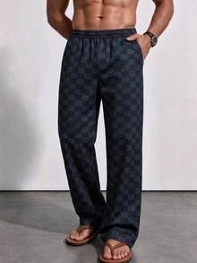 Manfinity Homme Men's Checkerboard Pattern Pocket Elastic Waist Casual Long Pants Festival Boys Fall/Winter Daily House Vacation Essential For Outings Blue Checkered - Black - View 1