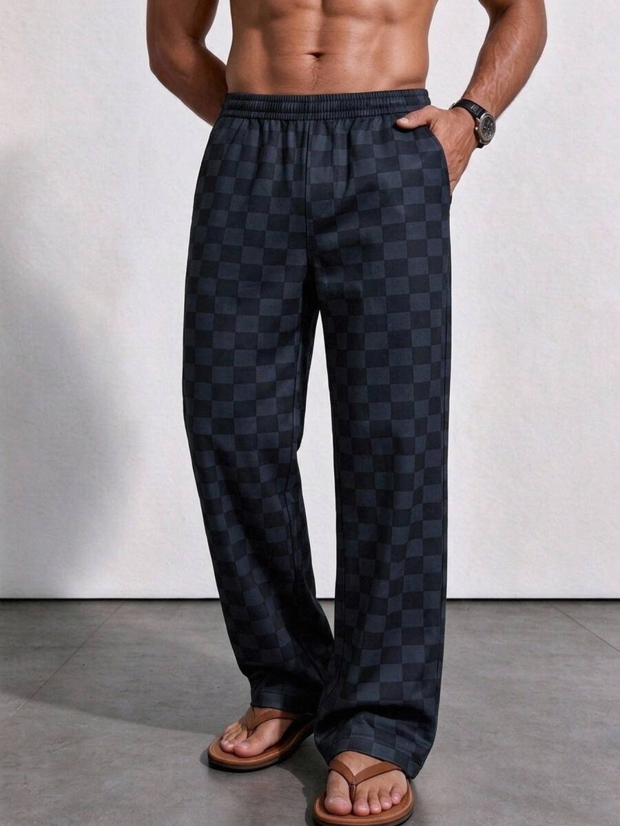 Manfinity Homme Men's Checkerboard Pattern Pocket Elastic Waist Casual Long Pants Festival Boys Fall/Winter Daily House Vacation Essential For Outings Blue Checkered - Black - View 1